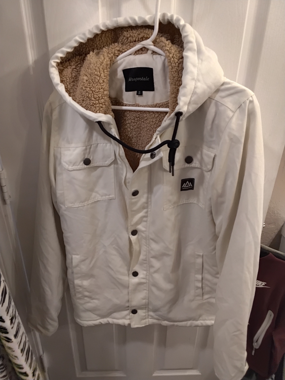 Aeropostale Men’s Cream Hooded Sherpa-Lined Shirt Jacket